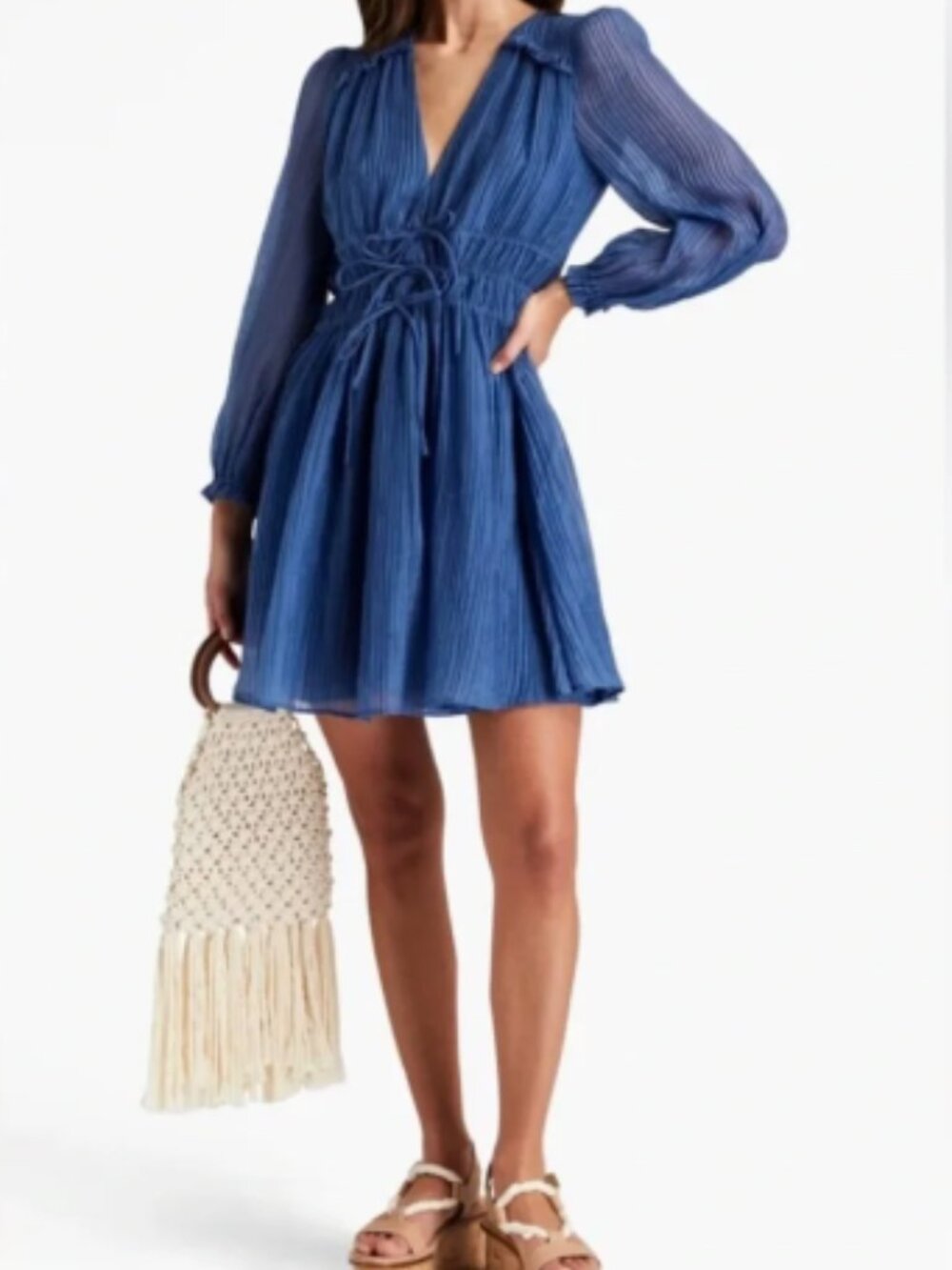 NWT Maje Blue Plissé V-Neck Tie Waist Mini Dress Size 40 US M